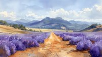 Scenic lavender field path leads through purple blooms to misty mountain range, golden wheat fields and scattered trees under cloudy summer sky.