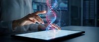 Digital DNA helix emerging from tablet screen with hand interaction in modern laboratory setting for biotechnology and genetic research applications.