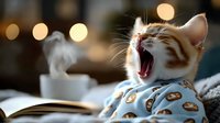 Orange tabby kitten yawning while wearing blue pajamas with donut pattern, cozy indoor setting with warm bokeh lights in background for pet care content.