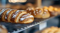 Fresh baked chocolate croissant with drizzled sugar glaze on display in bakery, close up view of flaky pastry with selective focus and bokeh background.