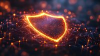 Glowing orange shield symbol with connected dots and lines on dark background, representing digital security and network protection concept.