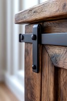 Close-up of modern black metal barn door hardware mounted on rustic wooden cabinet, showing detailed craftsmanship and contemporary farmhouse design elements.
