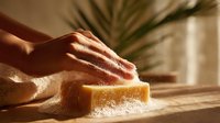 Hands using natural soap bar with foam on wooden surface in warm sunlight, eco-friendly skincare routine with tropical plant in background.