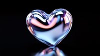 Iridescent glass heart with holographic rainbow effect reflecting pink and blue colors on black background with mirror reflection, suitable for romantic designs.