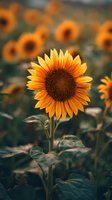 Vibrant sunflower in sharp focus against blurred field background, showcasing golden petals and rich brown center, ideal for nature-themed designs.