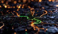 Location pin icon on glowing digital map with orange and green navigation lines, blurred bokeh lights creating depth and technology atmosphere.