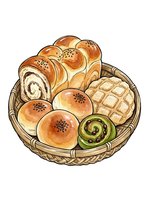 Assorted fresh baked goods in woven basket including croissants, rolls, and pastries with poppy seeds and pistachio filling for bakery, cafe, and food design projects.