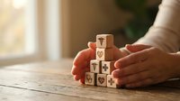 Wooden blocks with heart symbols stacked in pyramid shape protected by caring hands on rustic table surface representing love, protection and emotional support.