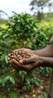 Farmer holding harvested cocoa beans in hands over plantation field, agricultural production and crop cultivation.