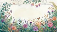 Botanical garden frame with ferns, roses, and wildflowers on cream background. Isolated design element suitable for invitations, greeting cards, and decorative projects.