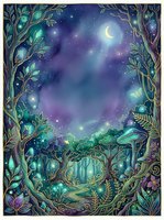 Enchanted forest landscape with glowing bioluminescent plants, magical trees, and starry night sky with crescent moon. Fantasy woodland scene for book illustrations and wall art.