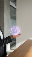 Businessman holding glowing purple geometric sphere with network connections in modern office environment for technology and innovation concepts.