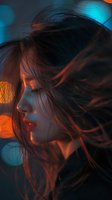 Young Asian woman in profile with flowing dark hair against dramatic orange and blue bokeh lighting, eyes closed, wearing red lipstick in moody atmospheric portrait.