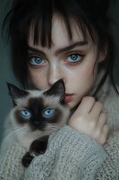Young woman with freckles and striking blue eyes holds Siamese cat with matching eye color against moody dark background. Both gazing intensely at camera.