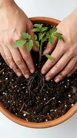 Caucasian male hands planting seedling in soil-filled terracotta pot, gardening and horticulture concept for growing plants indoors or outdoors.