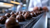 Dark chocolate truffles on conveyor belt in confectionery production line. Fresh handmade pralines with cocoa coating in professional candy manufacturing process.