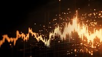 Financial market data visualization with glowing orange graph lines and particles on dark background showing dynamic stock price movements.