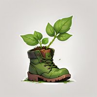 Green work boot with growing plant sprouts and leaves, eco-friendly concept on isolated background, suitable for environmental and sustainability designs.