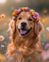Happy Golden Retriever wearing floral crown of pink and orange cosmos flowers in summer garden. Smiling dog portrait with natural bokeh background and soft lighting.
