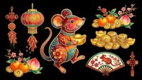 Lunar New Year rat clipart set with lantern, gold coins, fan, and oranges, isolated on transparent background. Great for stickers, t-shirt design, print on demand.