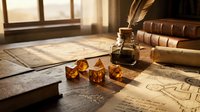 Amber polyhedral dice set arranged on vintage desk with antique books, quill pen in inkwell, and architectural blueprints, creating nostalgic tabletop gaming and fantasy roleplay atmosphere.