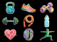 Colorful fitness and sports equipment collection isolated on transparent background, ready for t-shirt designs, clipart, stickers, sublimation and print-on-demand projects.