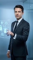 Professional businessman in dark suit interacting with holographic cybersecurity interface displaying digital locks and cloud computing icons in modern office.