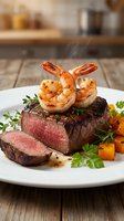 Surf and turf surf and turf dish featuring grilled shrimp atop medium-rare beef steak with fresh herbs and roasted vegetables on white plate for fine dining restaurant menus.