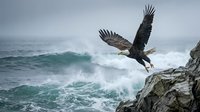 Bald eagle taking flight from rocky coastal cliff above turbulent ocean waves and stormy sea conditions.