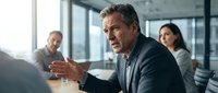 Middle-aged male executive with salt-and-pepper hair, Caucasian ethnicity, wearing dark blazer, leading business meeting in modern office with colleagues present.