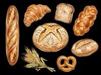 Assorted bakery bread clipart set isolated on transparent background, featuring baguette, croissant, pretzel, sourdough, and more. Ready for t-shirt design, stickers, and print on demand.