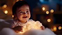 Happy Asian baby lying on bed holding glowing cloud night light lamp against blurred bokeh lights background, creating magical cozy atmosphere.