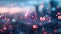 Dreamy soap bubbles floating in dark blue atmosphere with pink and blue bokeh lights creating magical ethereal mood. Perfect for fantasy backgrounds.