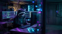 Cyberpunk hacker raccoon with purple headphones coding on laptop in neon-lit room with multiple monitors and futuristic technology setup.