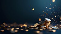 Golden coins scattered with magical bokeh light effect on dark blue background, creating luxurious financial concept for wealth management.