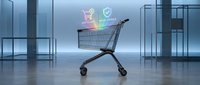 Shopping cart with digital commerce icons in modern office space representing online retail and e-commerce technology solutions for business.