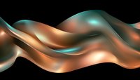 Abstract flowing waves with metallic copper and teal gradients on black background for modern digital design and contemporary art projects.