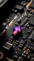 Purple glowing arrow on computer circuit board showing technology advancement and digital innovation in electronics manufacturing.