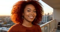 Young African American woman with curly hair smiling on urban balcony during golden hour sunset, wearing cozy sweater for lifestyle and portrait photography.