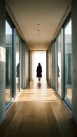 Woman in dark coat walking through modern hallway with glass walls and wooden floor, contemporary architecture interior design.