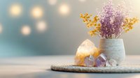 Healing crystals and dried flowers arrangement with citrine, amethyst, and lavender bouquet in ceramic vase on rattan mat against soft bokeh background.
