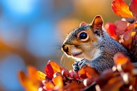 Curious squirrel with fluffy tail perched among vibrant autumn berries and foliage, displaying alert expression with bright eyes against blurred fall background.