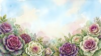 Watercolor roses in purple and cream tones with lush foliage and soft sky background, suitable for wedding invitations, greeting cards, and floral design projects.