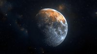 Moon in orange and blue tones against dark starry space background showing detailed surface with craters and lunar landscape in dramatic lighting.
