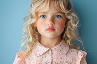 Young child with blonde curly hair and blue eyes against blue background wearing pink patterned dress with peter pan collar.