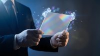 Businessman in formal suit holding holographic tablet with glowing digital interface and data icons, representing future technology, innovation, and digital transformation for business solutions.