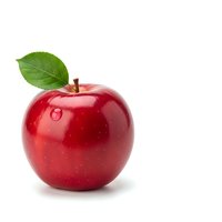 Fresh red apple with green leaf isolated on white background for healthy eating and nutrition concepts.