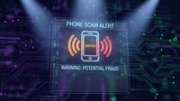 Smartphone with phone scam alert warning message displayed on digital circuit board background with glowing neon lines and data streams, representing cybersecurity threats and fraud prevention.