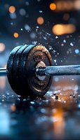 Heavy barbell weight plates with water droplets splashing in dramatic lighting against dark background with orange bokeh effects, fitness equipment macro photography.