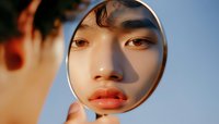 Young Asian woman looking at herself in round handheld mirror during golden hour sunlight, close-up view focusing on reflection of lips and eyes.